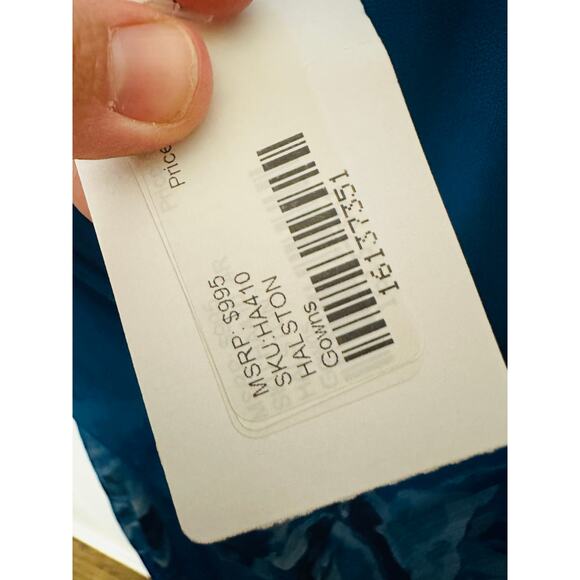 HALSTON Bright Blue Floral Chiffon V-Neck Criss-Cross Open Back Maxi Dress Size4 - Picture 7 of 14